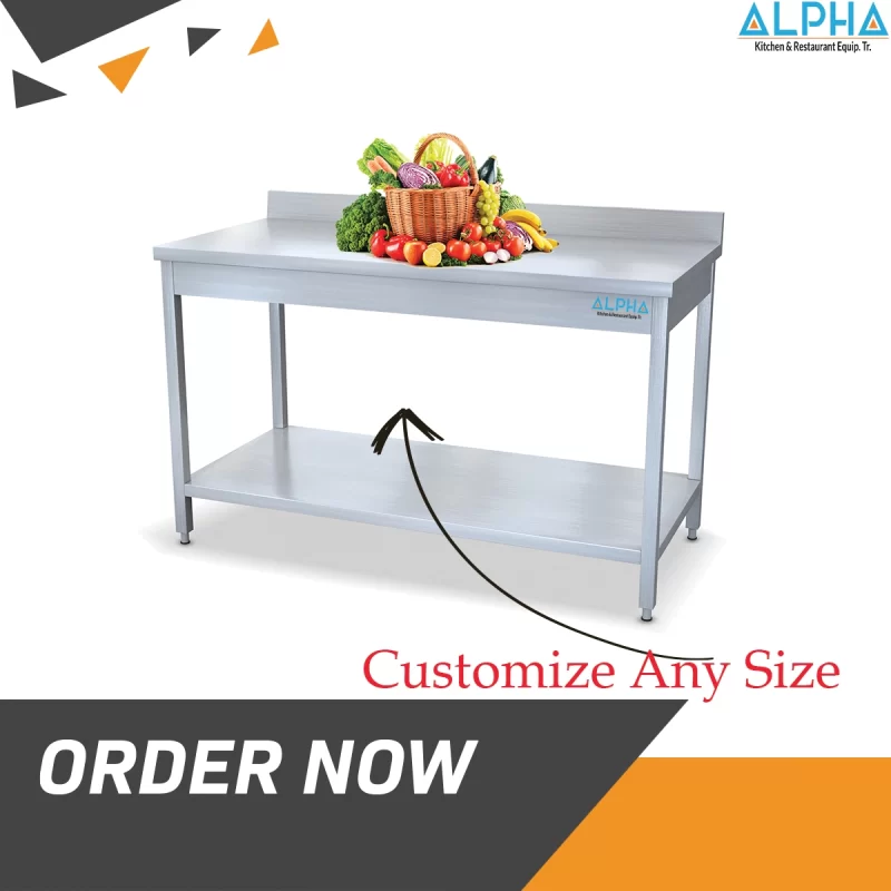 Stainless Steel Work Table + Bottom Shelf + Splash Edge | stainless steel work table in UAE | Best Stainless Steel Work Table in UAE | steel table Fabricator in UAE | ss kitchen table | Ss work table price | Stainless Steel Table | Steel table for kitchen uae