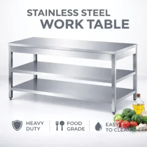 Stainless steel Work Table No Splash 2 shelves | Steel tables | Fabrication | steel fabricators dubai | commercial kitchen equipment | Restaurant Kitchen Equipment, work table double shelf, Work Table Double Over Shelves Stainless Steel, stainless steel work table no splash, stainless steel work table with 2 shelves, commercial kitchen prep table, AISI 304 stainless steel workbench, heavy duty stainless steel table, adjustable feet work table, double undershelf stainless steel table, restaurant stainless steel working table