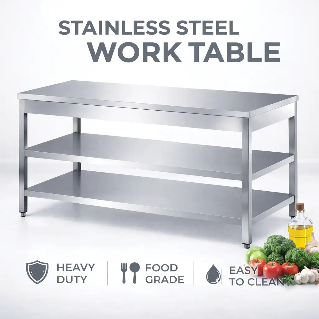 Stainless steel Work Table No Splash 2 shelves | Steel tables | Fabrication | steel fabricators dubai | commercial kitchen equipment | Restaurant Kitchen Equipment, work table double shelf, Work Table Double Over Shelves Stainless Steel, stainless steel work table no splash, stainless steel work table with 2 shelves, commercial kitchen prep table, AISI 304 stainless steel workbench, heavy duty stainless steel table, adjustable feet work table, double undershelf stainless steel table, restaurant stainless steel working table