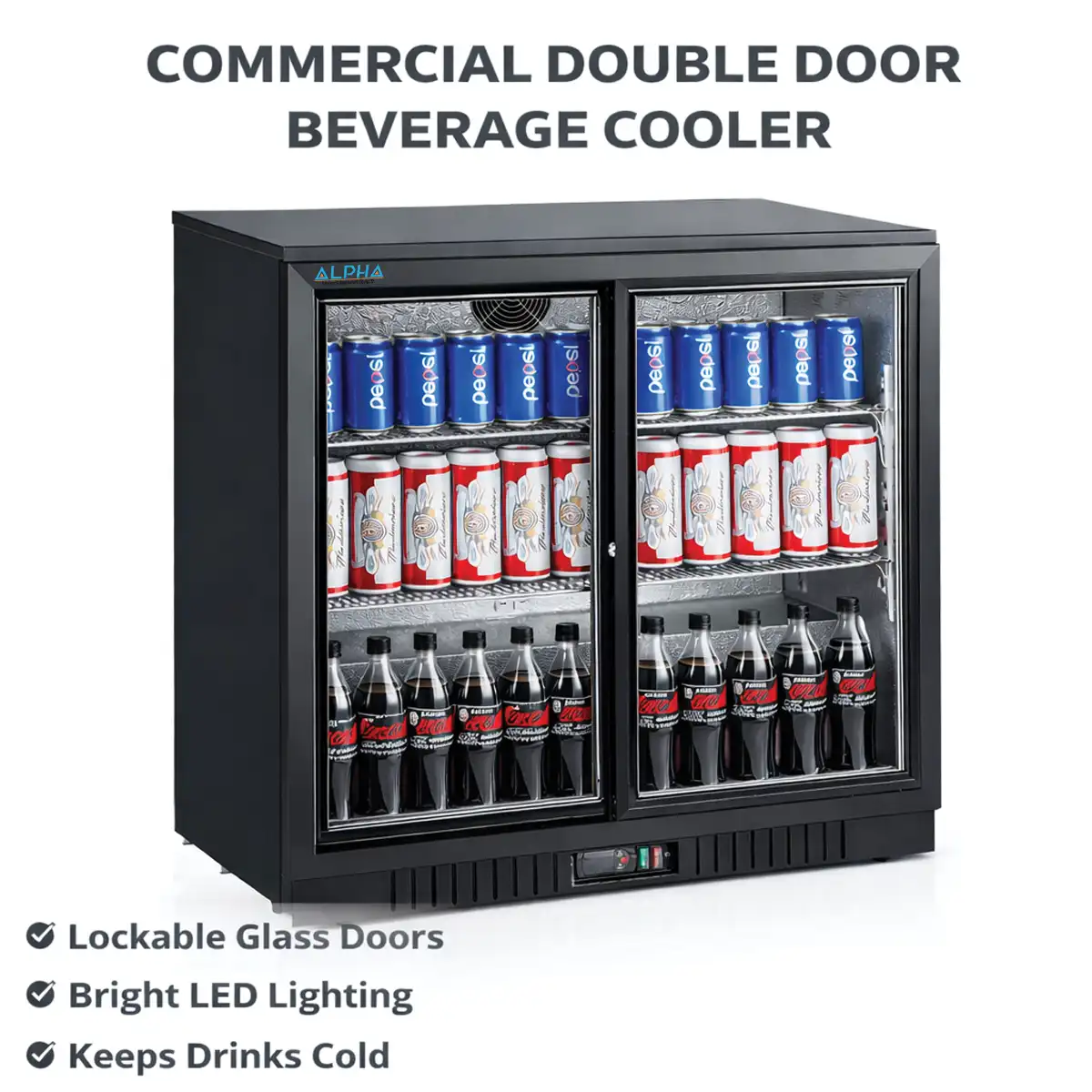 Black double door bar cooler with sliding glass doors and LED lighting.