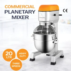 heavy duty 20L planetary commercial food mixer with stainless bowl and attachments.