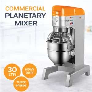 heavy duty 30L planetary commercial food mixer with stainless bowl and attachments.