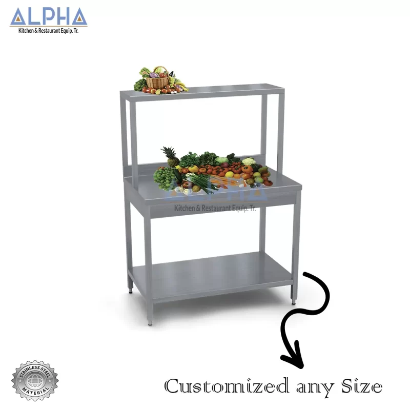 Stainless Steel Work Table with Over Shelf | steel fabricators | Fabrication | steel fabrication Dubai | stainless steel work table with backsplash