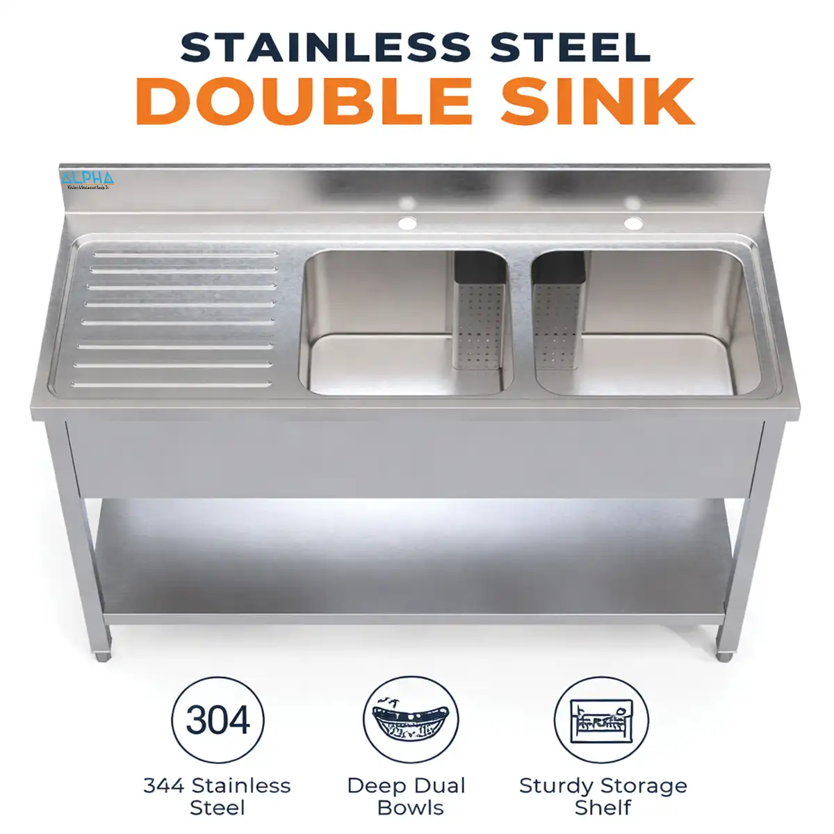 Double Bowl Sink 140, BEST SINK BOWL , Stainless Steel Double Bowl Sink 1400mm with drainboard for commercial kitchens in Riyadh and Doha, Dubai