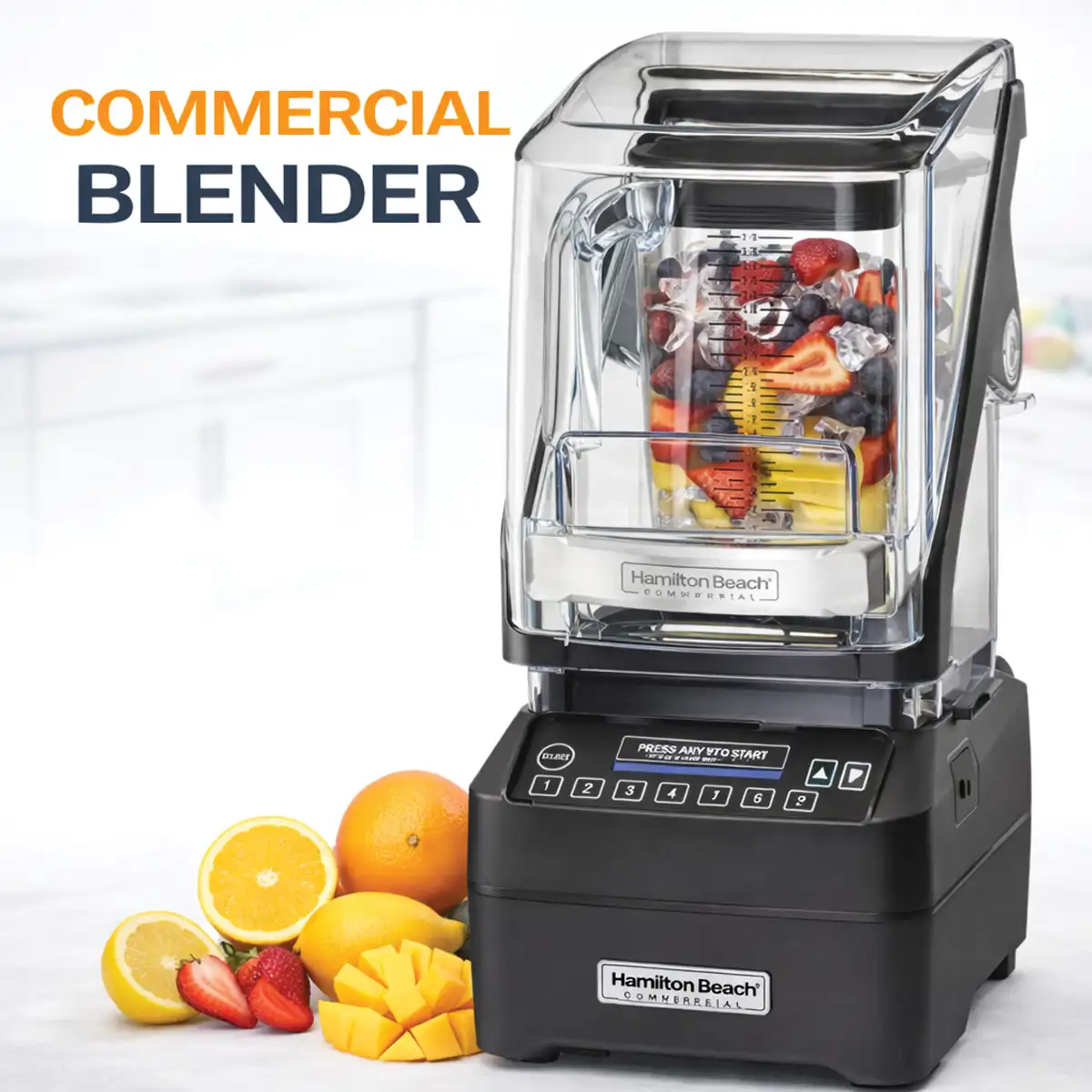 Hamilton Beach Eclipse HBH755R commercial bar blender with quiet shield for smoothie shops.