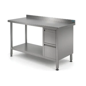 Work Table with 2 Drawers, Stainless steel work table with side cabinet and undershelf , Commercial prep table in stainless steel with rear upstand , Kitchen workbench with drawers and lower storage shelf