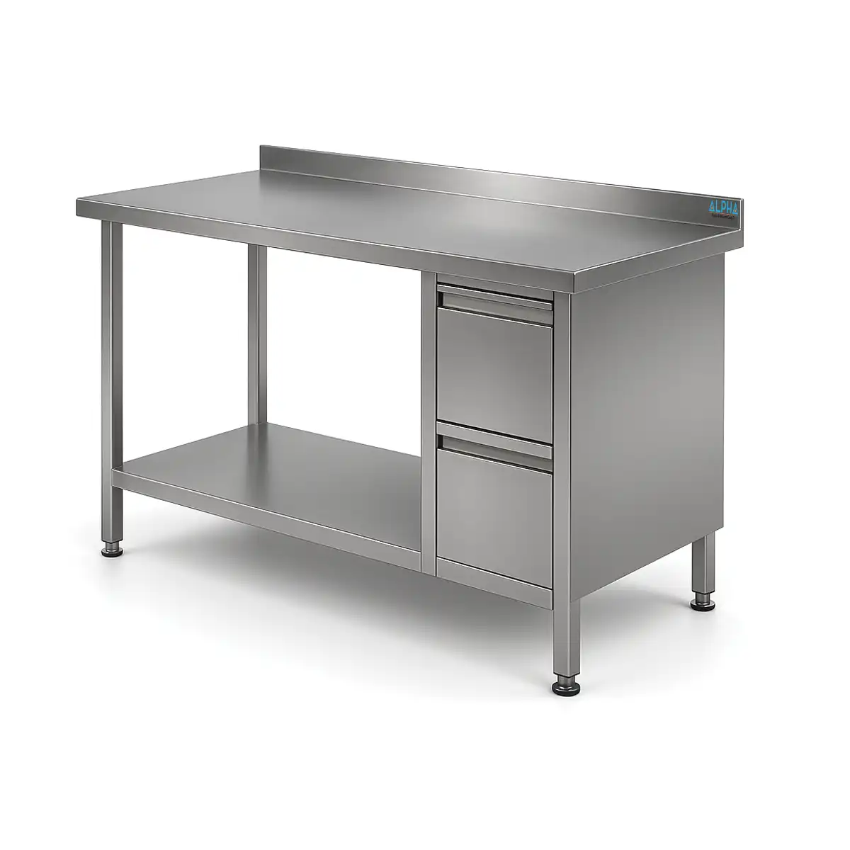 Work Table with 2 Drawers, Stainless steel work table with side cabinet and undershelf , Commercial prep table in stainless steel with rear upstand , Kitchen workbench with drawers and lower storage shelf