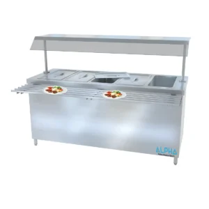 Commercial hot bain marie station with sneeze guard glass shelf and tray slider, Buffet food warmer bain marie 30–90°C thermostat control with water draining valve, Stainless steel AISI 304 (18/10) hot holding counter with under hot cabinet,food Bain Marie in Saudi Arabia , food Bain Marie in Qatar