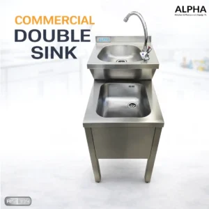 Commercial stainless steel double basin mop sink for janitorial cleaning in restaurants and hospitals