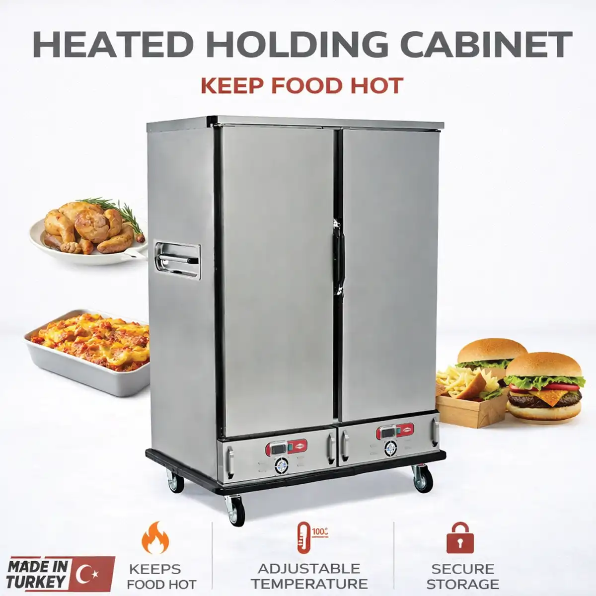 hot banquet trolley double, heated banquet trolley two door, food warmer trolley stainless steel, commercial hot holding trolley, hotel banquet service trolley, catering hot food trolley