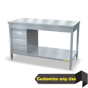 stainless steel table with drawers, commercial kitchen table UAE, prep table with storage drawers, heavy duty stainless steel workstation, industrial kitchen table with shelves