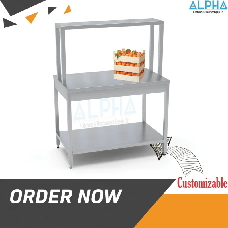 Ss table with Over shelf | | Steel tables | Fabrication | steel fabricators dubai | commercial kitchen equipment | Restaurant Kitchen Equipment, work table double shelf, Work Table Double Over Shelves Stainless Steel