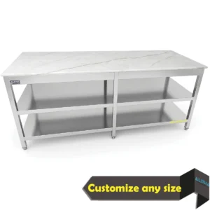 SS Work Table Marble Top size 200x70x85 cm with 2 below steel shelves