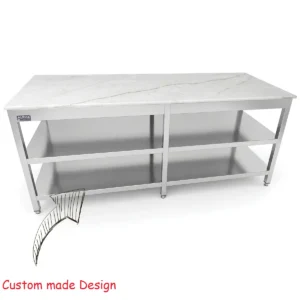 SS Work Table Marble Top size 200x70x85 cm with 2 below steel shelves