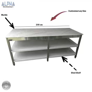 SS Work Table Marble Top size 200x70x85 cm with 2 below steel shelves