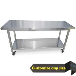 Steel Work Table with Wheels , stainless steel work table, commercial kitchen equipment, heavy-duty, adjustable height, wheels, bottom shelf,