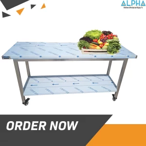 Steel Work Table with Wheels , stainless steel work table, commercial kitchen equipment, heavy-duty, adjustable height, wheels, bottom shelf, splash rim, customization, Alpha Kitchen Factory, UAE, Ajman, Dubai, Abu Dhabi, Sharjah, Saudi Arabia, Oman