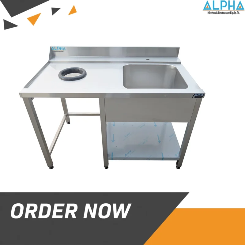 Stainless steel entry table with sink and waste chute for commercial kitchens in UAE, Custom stainless steel kitchen equipment GCC, Hygienic stainless steel work table
