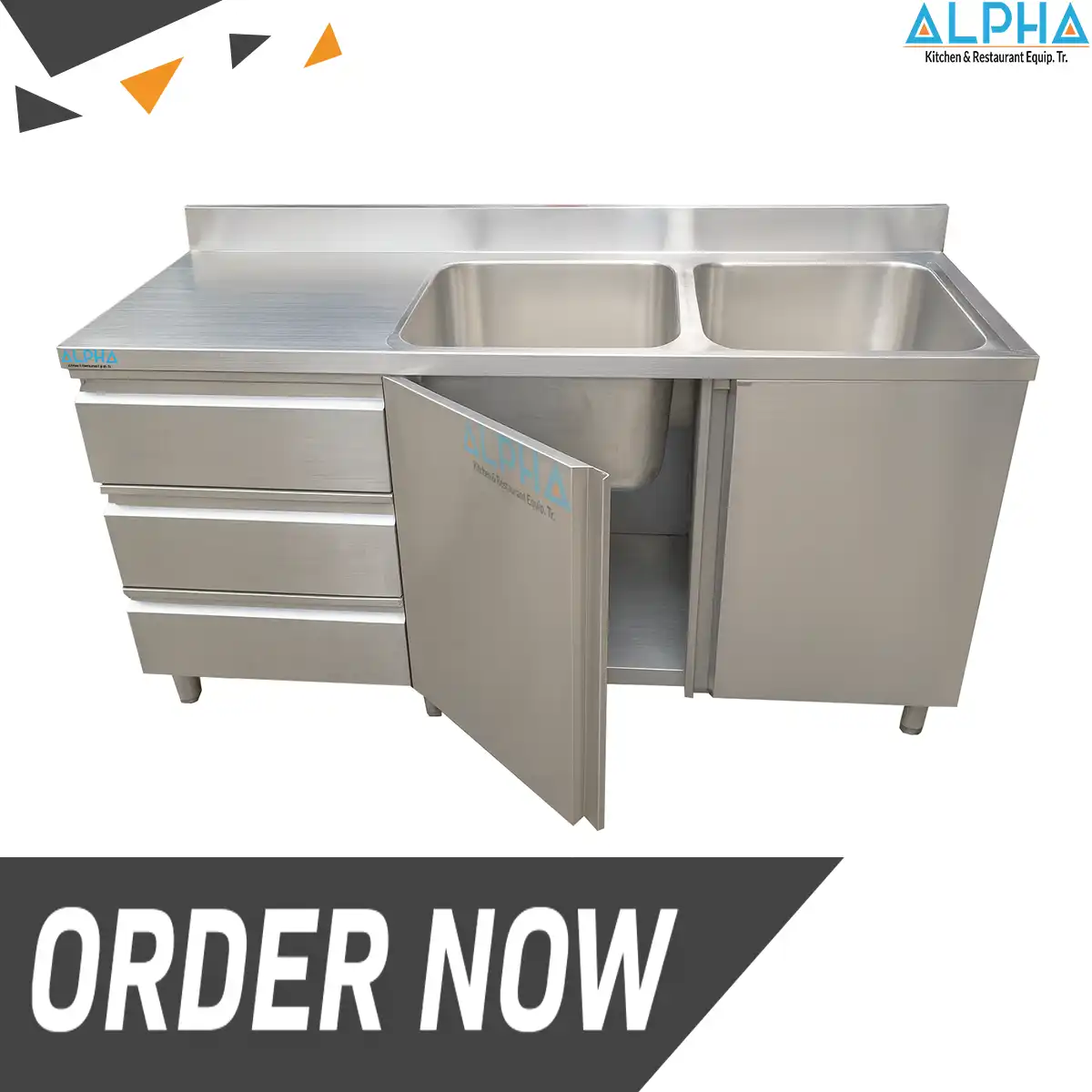 Stainless Steel Double Bowl Sink with Cabinet 180 cm – ALPHA Kitchen UAE commercial sink for restaurants.