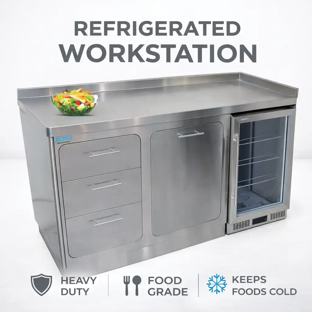 Ss Base Cabinet with Drawers, stainless steel base cabinet with drawers for commercial kitchen, stainless worktop cabinet, Alpha Kitchen UAE stainless steel fabrication.