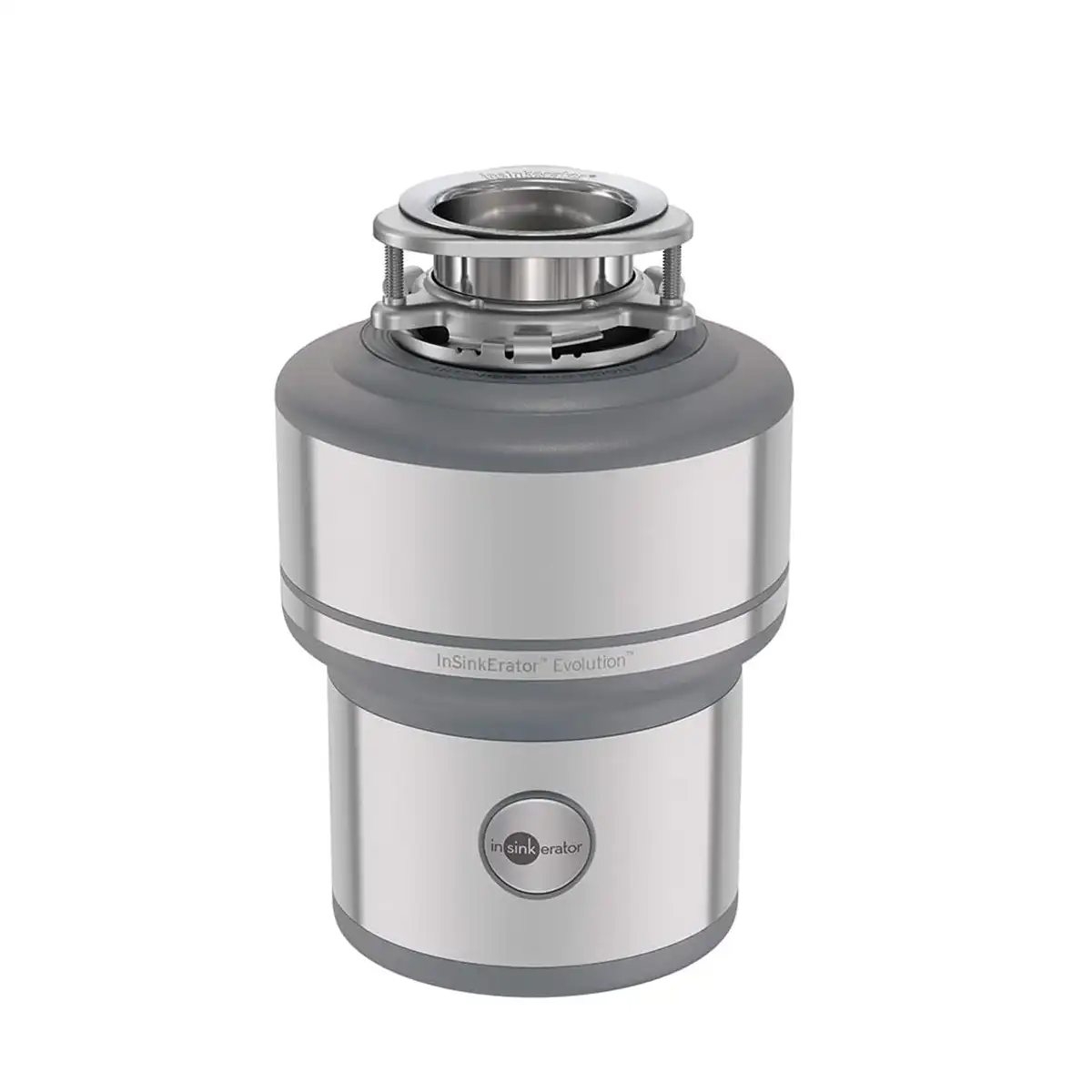 InSinkErator Evolution 200 food waste disposer front view ,Evolution 200 disposer installed under kitchen sink InSinkErator Evolution 200 specifications and dimensions , Evolution 200 disposer top mount and sink flange