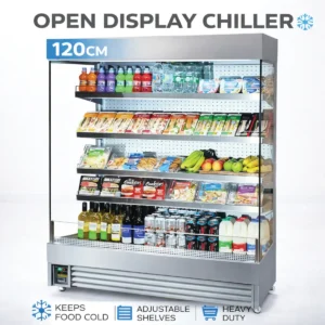 Open Display Chiller 120cm , Grab And go chiller, Frost-Tech Premium Slimline Multideck Chiller 1200mm stainless steel display fridge for cafes in Dubai.