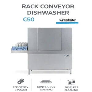 winterhalter c50 rack conveyor dishwasher, commercial rack conveyor dishwasher, high volume warewashing system, winterhalter conveyor dishwasher c50 line, dishwashing conveyor for hotels, rack conveyor dishwasher for canteens