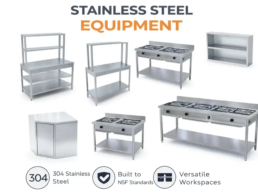 Isometric 3D render displaying a full commercial kitchen cabinets, ss work tables, heavy-duty benches, and stainless steel sink tables,