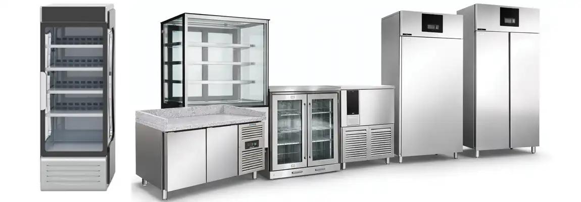 Commercial stainless steel refrigeration collection featuring upright chillers, undercounter freezers, and glass display counters