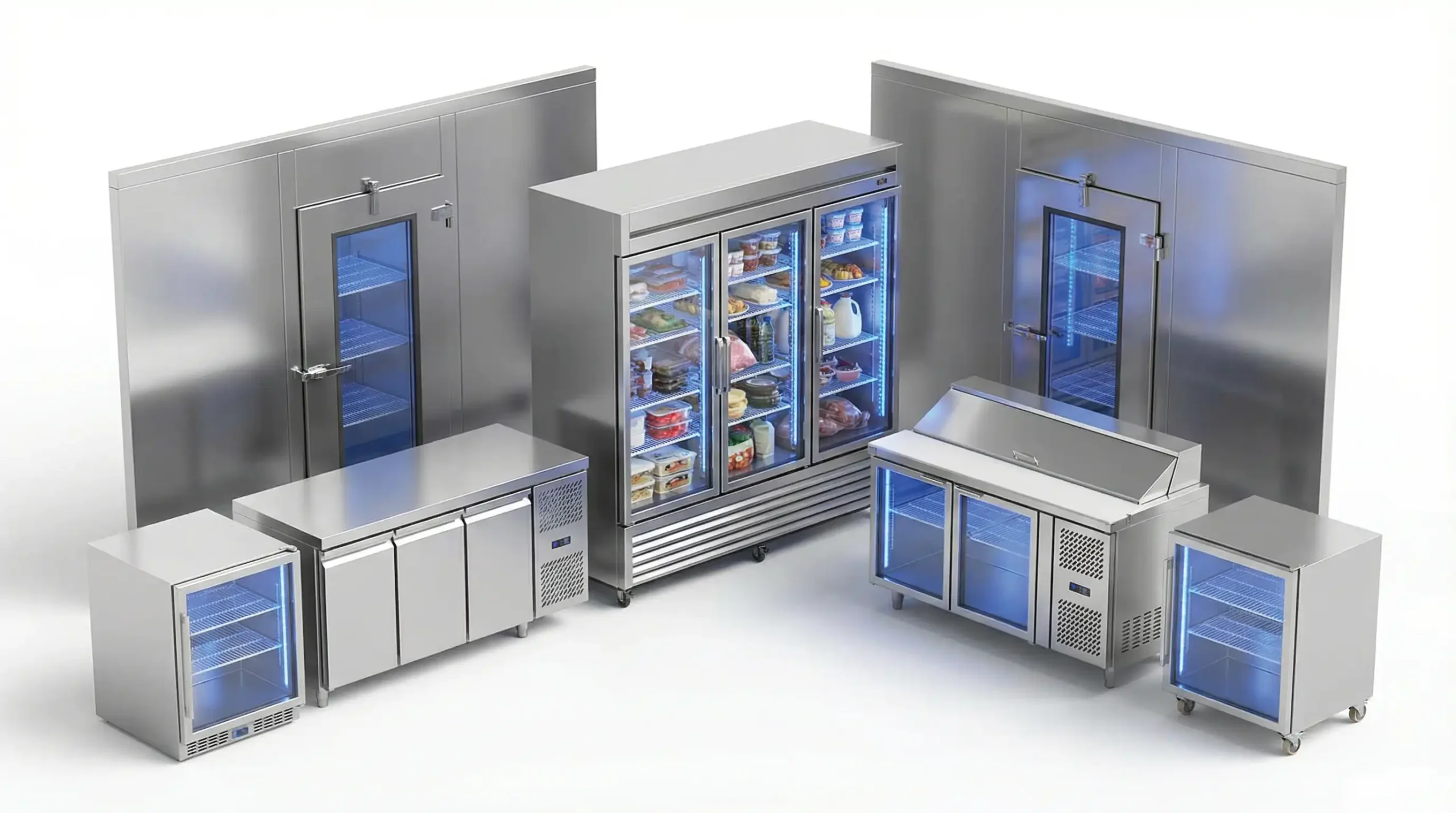 icon of commercial refrigerators, uprig ciller, worktop freezer, glass chiller.