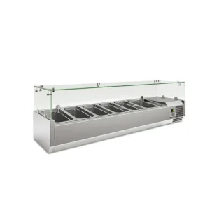 Commercial stainless steel refrigerated topping unit chiller with straight glass sneeze guard.