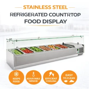 Commercial stainless steel refrigerated topping unit chiller with straight glass sneeze guard.